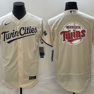 Men Minnesota Twins Cream Team Big Logo Flex Base Stitched Jersey