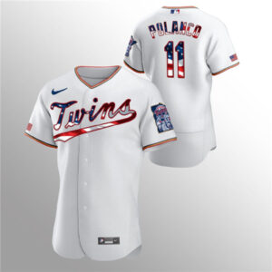 Men Minnesota Twins White #11 Jorge Polanco 2020 Stars & Stripes Flex Base Stitched MLB Jersey