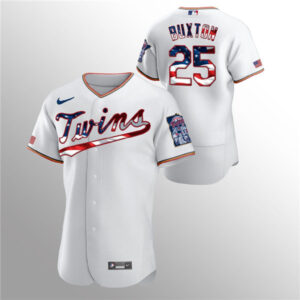 Men Minnesota Twins White #25 Byron Buxton 2020 Stars & Stripes Flex Base Stitched MLB Jersey