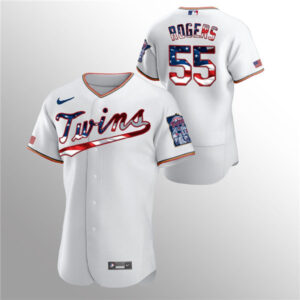 Men Minnesota Twins White #55 Taylor Rogers 2020 Stars & Stripes Flex Base Stitched MLB Jersey