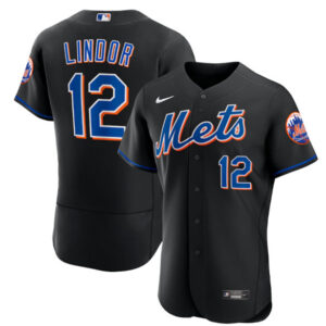 Men New York Mets #12 Francisco Lindor Black Flex Base Stitched Jersey