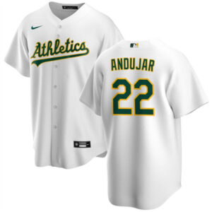 Men Oakland Athletics #22 Miguel Andujar White Cool Base Stitched Jersey