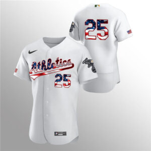 Men Oakland Athletics White #25 Stephen Piscotty 2020 Stars & Stripes Flex Base MLB StitchedJersey