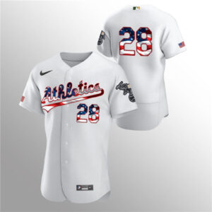 Men Oakland Athletics White #28 Matt Olson 2020 Stars & Stripes Flex Base MLB StitchedJersey