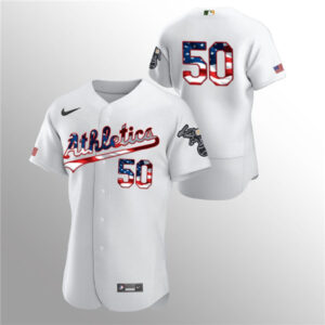 Men Oakland Athletics White #50 Mike Fiers 2020 Stars & Stripes Flex Base MLB StitchedJersey