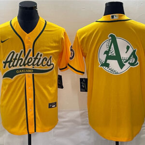 Men Oakland Athletics Yellow Team Big Logo Cool Base Stitched Baseball Jersey 001