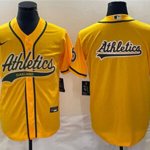 Men Oakland Athletics Yellow Team Big Logo Cool Base Stitched Baseball Jersey 002