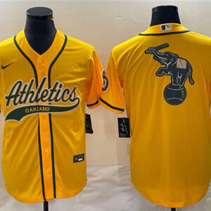 Men Oakland Athletics Yellow Team Big Logo Cool Base Stitched Baseball Jersey 003