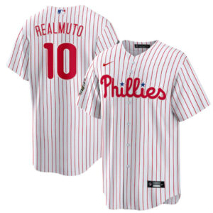 Men Philadelphia Phillies #10 J.T. Realmuto White 2022 World Series Cool Base Stitched Baseball Jersey