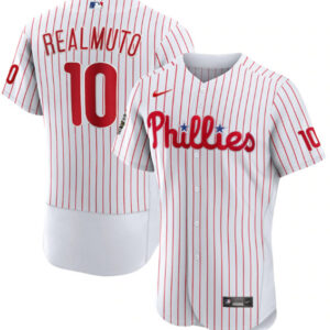 Men Philadelphia Phillies #10 J.T. Realmuto White 2022 World Series Flex Base Stitched Baseball Jersey