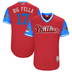 Men Philadelphia Phillies #17 Rhys Hoskins "Big Fella" Majestic Scarlet/Light Blue 2018 MLB Little League Classic Stitched Jersey