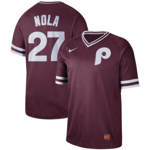 Men Philadelphia Phillies #27 Aaron Nola Maroon Cooperstown Collection Legend Stitched MLB Jersey