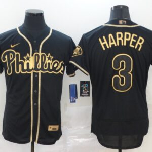 Men Philadelphia Phillies #3 Bryce Harper Black Golden Stitched MLB Jersey