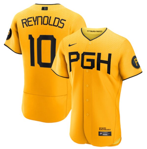 Men Pittsburgh Pirates #10 Bryan Reynolds Gold 2023 City Connect Flex Base Stitched Baseball Jersey