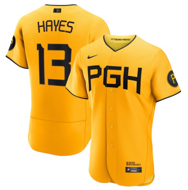 Men Pittsburgh Pirates #13 Ke'Bryan Hayes Gold 2023 City Connect Flex Base Stitched Baseball Jersey