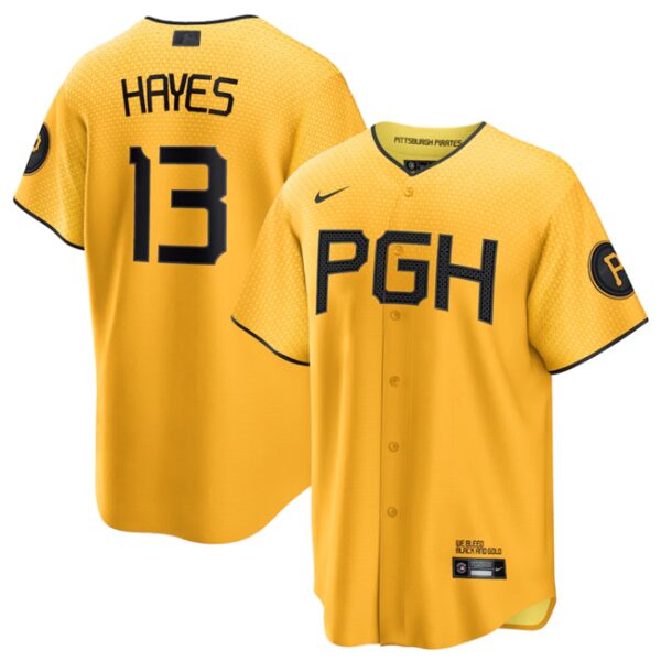 Men Pittsburgh Pirates #13 Ke'Bryan Hayes Gold 2023 City Connect Stitched Jersey