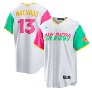 Men San Diego Padres #13 Manny Machado White 2022 City Connect Cool Base Stitched Jersey