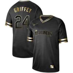 Men Seattle Mariners #24 Ken Griffey Black Gold Stitched Jersey