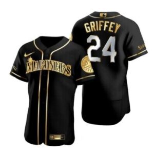 Men Seattle Mariners #24 Ken Griffey Jr. Black Golden Flex Base Stitched Baseball Jersey