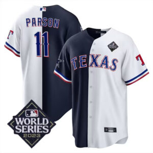 Men Texas Rangers #11 Micah Parsons White/Navy split 2023 World Series Cool Base Stitched Baseball Jersey