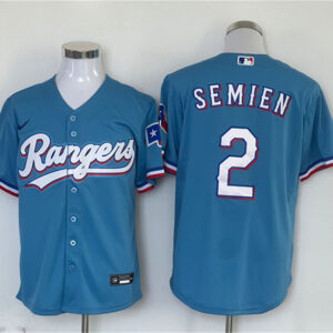 Men Texas Rangers #2 Marcus Semien Blue With Patch Cool Base Stitched Baseball Jersey