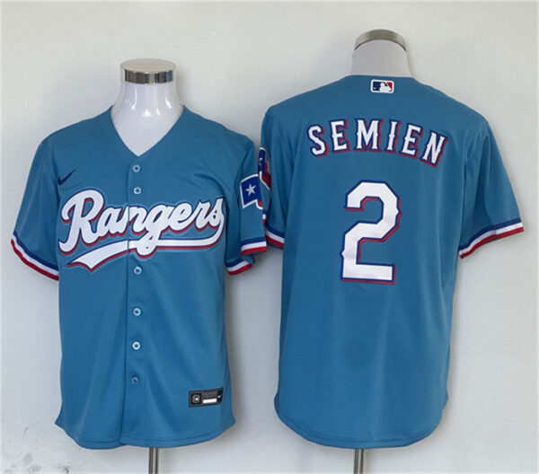 Men Texas Rangers #2 Marcus Semien Blue With Patch Cool Base Stitched Baseball Jersey