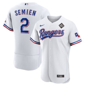 Men Texas Rangers #2 Marcus Semien White 2023 World Series Flex Base Stitched Baseball Jersey