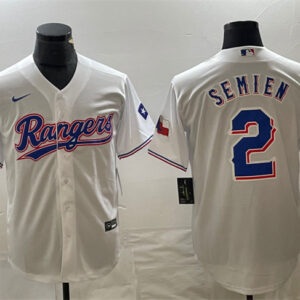 Men Texas Rangers #2 Marcus Semien White With Patch Cool Base Stitched Baseball Jersey