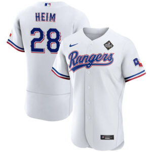 Men Texas Rangers #28 Jonah Heim White 2023 World Series Flex Base Stitched Baseball Jersey