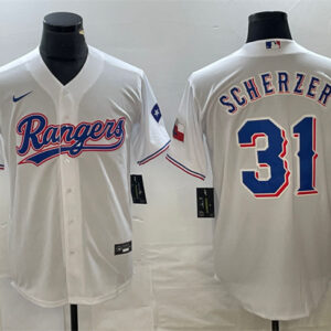 Men Texas Rangers #31 Max Scherzer White With Patch Cool Base Stitched Baseball Jersey