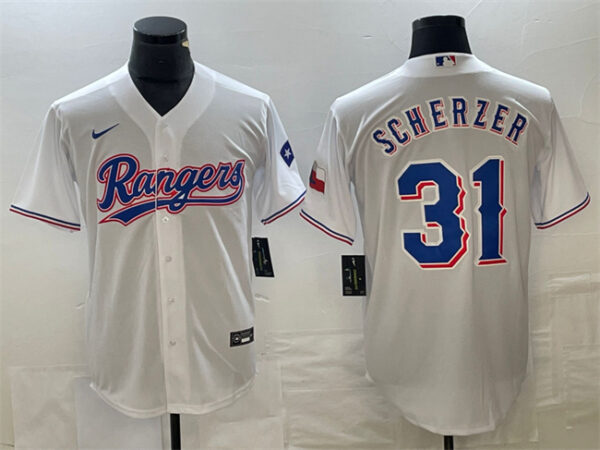 Men Texas Rangers #31 Max Scherzer White With Patch Cool Base Stitched Baseball Jersey