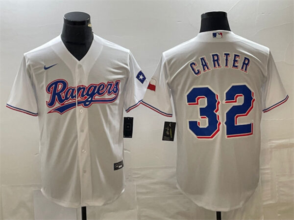 Men Texas Rangers #32 Evan Carter White With Patch Cool Base Stitched Baseball Jersey