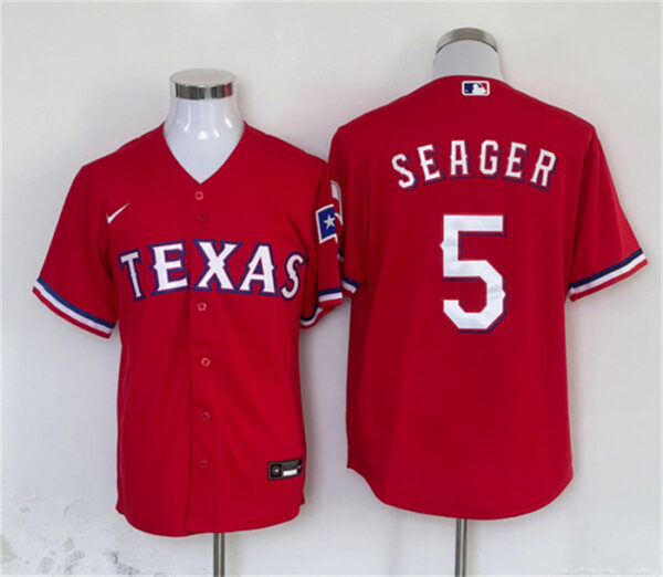 Men Texas Rangers #5 Corey Seager Red With Patch Cool Base Stitched Baseball Jersey