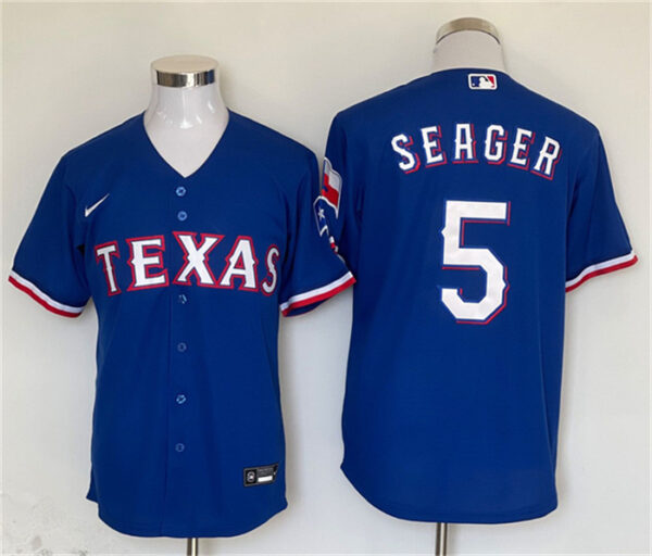 Men Texas Rangers #5 Corey Seager Royal With Patch Cool Base Stitched Baseball Jersey