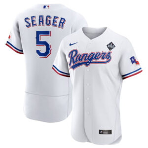 Men Texas Rangers #5 Corey Seager White 2023 World Series Flex Base Stitched Baseball Jersey