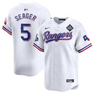 Men Texas Rangers #5 Corey Seager White 2023 World Series Patch And Champions Patch Stitched Baseball Jersey