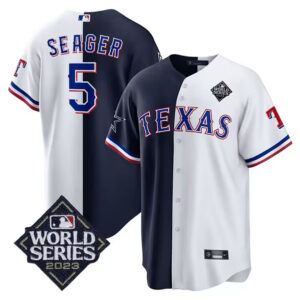 Men Texas Rangers #5 Corey Seager White/Navy split 2023 World Series Cool Base Stitched Baseball Jersey