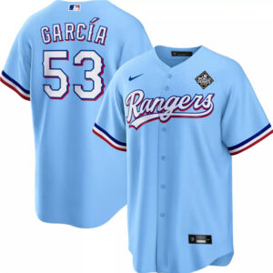 Men Texas Rangers #53 Adolis Garcia Blue 2023 World Series Cool Base Stitched Baseball Jersey