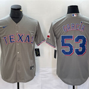 Men Texas Rangers #53 Adolis Garcia Gray With Patch Cool Base Stitched Baseball Jersey