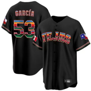 Men Texas Rangers #53 Adolis Garcia Mexico Black Cool Base Stitched Baseball Jersey