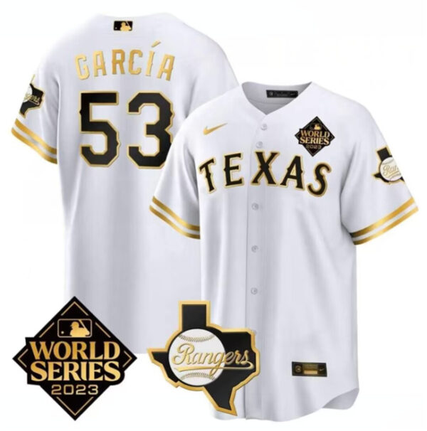 Men Texas Rangers & Cowboys #53 Adolis Garcia White 2023 World Series Splite Stitched Baseball Jersey