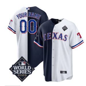 Men Texas Rangers & Cowboys Active Player Custom Navy/White Splite 2023 World Series Splite Stitched Baseball Jersey