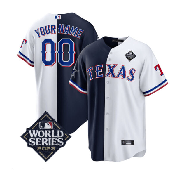 Men Texas Rangers & Cowboys Active Player Custom Navy/White Splite 2023 World Series Splite Stitched Baseball Jersey