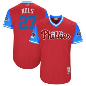 Men hiladelphia Philadelphia Phillies Aaron Nola "Nols" Majestic Scarlet/Light Blue 2018 MLB Little League Classic Jersey