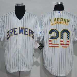 Milwaukee Brewers #20 Jonathan Lucroy White(Blue Strip) USA Flag Fashion Stitched MLB Jersey