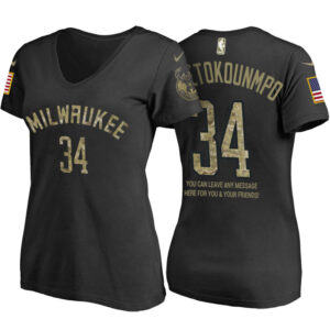 Women Milwaukee Bucks #34 Giannis Antetokounmpo Camo Name & Number Jersey T-Shirt With Message